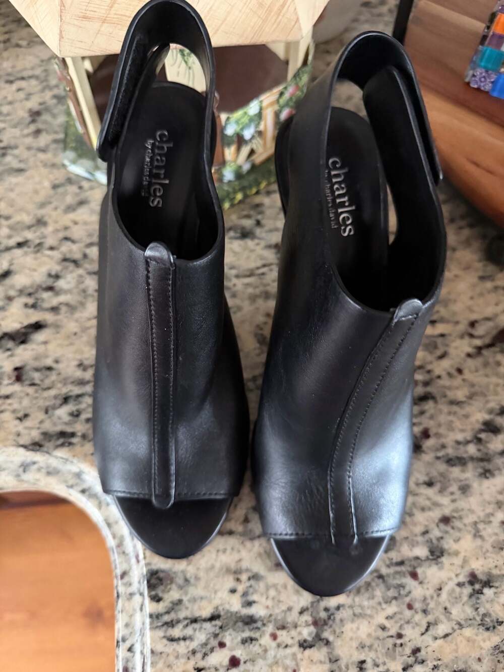 Charles by Charles David Imani Black Leather Open Toe Slingback Bootie Heels